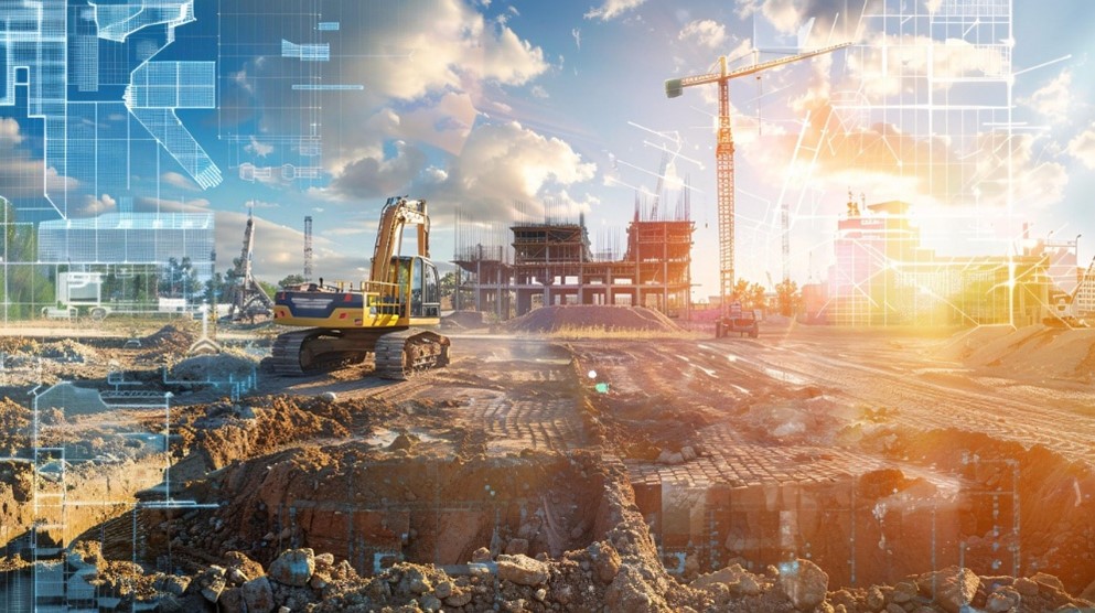 Animated image of a heavy industrial construction site with a digital blueprint overlay.
