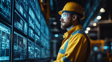 Animated image of a contractor wearing a hard hat while looking at computer screens.
